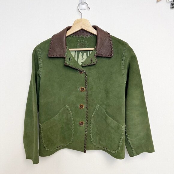 Rusty Dorr Originals Handcrafted Deerskin Outerwear Green Brown Jacket Sz M/L - Picture 1 of 14